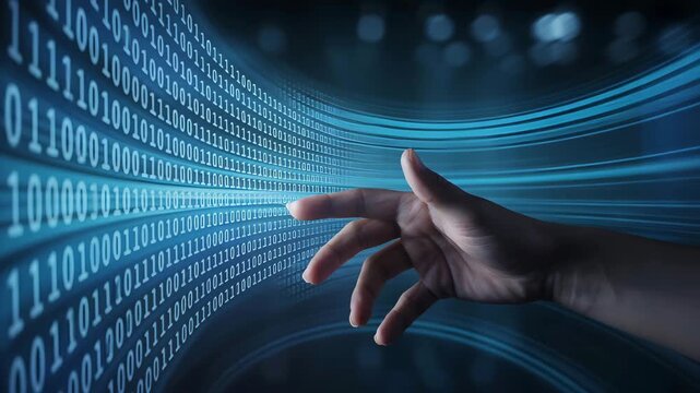 Hand Interacting with Binary Code Stream (20) stock