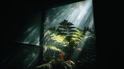 Nature's Embrace: A vibrant scene unfolds as rays of sunlight stream through an opening, illuminating the lush foliage of a verdant forest, creating a mesmerizing display of light and shadow.