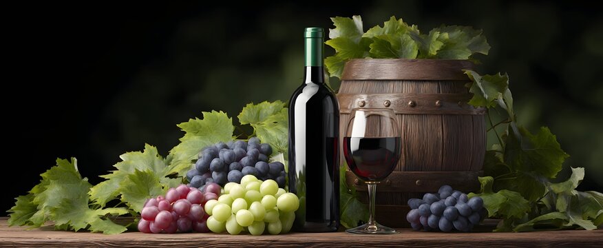 The wine bottle and glass evoke warmth and comfort amid rustic grapes and barrel.