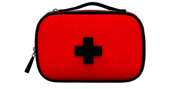 Red first aid kit with black cross symbol and handle