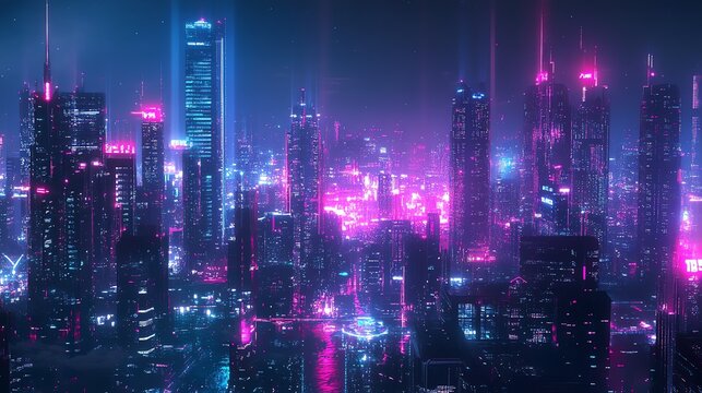 High-quality background of a futuristic city skyline illuminated by neon lights at night, showcasing a vibrant cyberpunk style.