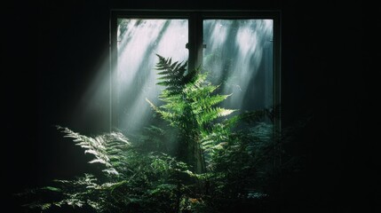 Ray of Light and Lush: The window frames a beautiful play of light and shadow, with sunbeams illuminating a vibrant fern, evoking feelings of serenity and renewal.