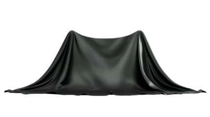 Draped black fabric concealing an object against white background