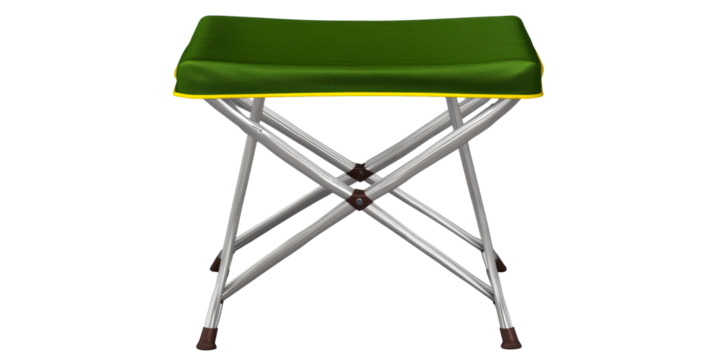 Folding stool with green fabric seat and metal legs