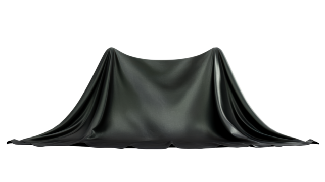 Draped black fabric concealing an object against white background