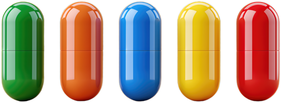 Five colorful capsules in green, orange, blue, yellow, and red