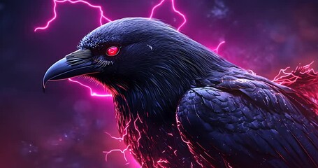 Dark raven with glowing red eyes amidst a mystical background of swirling colors - Powered by Adobe