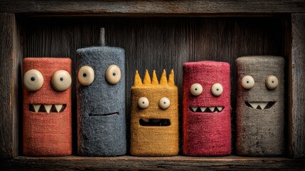 Playful fabric characters with quirky expressions stand shoulder-to-shoulder on a rustic shelf, adding a touch of whimsical charm.