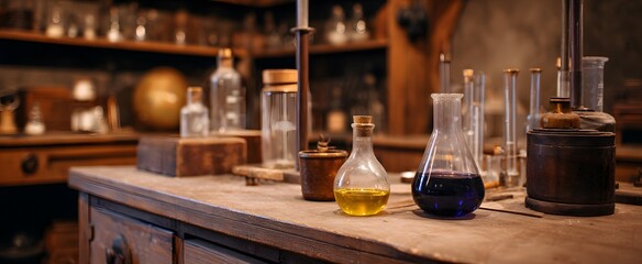 Laboratory apparatus such as beakers and measuring instruments arranged on a workbench