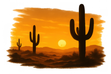 Desert saguaro cactuses silhouetted against a vibrant orange sunset sky, a southwestern arid landscape scene with transparent background