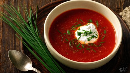 A Culinary Delight: A steaming bowl of vibrant red soup, garnished with a dollop of cream and fresh herbs, exudes warmth and comfort on a rustic wooden table.