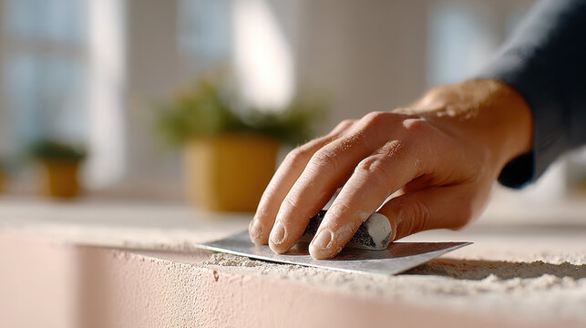 Wall plaster smoothing with sanding block on interior edge. Renovation work prepares surface for paint and repair. Contractor levels putty and removes roughness for home improvement and finishing..