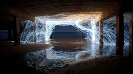 Light painting under a pier structure, creating an ethereal, abstract glow reflected in the water at the beach, artistic photography.