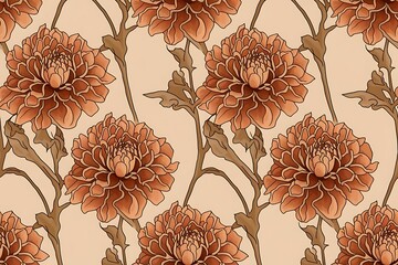 Seamless pattern with hand drawn dahlia flowers.