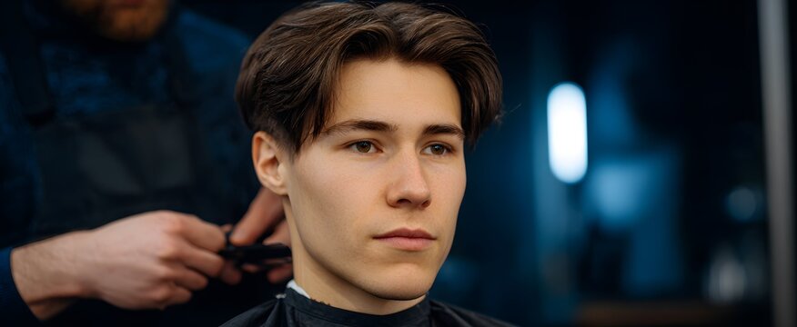 The barber trimming short hair in a trendy salon space.