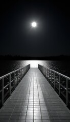 A radiant sun illuminates a pier leading into shimmering water, creating a striking contrast between light and shadow. Serene and picturesque.