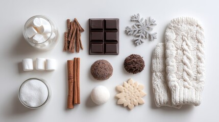 Winter Comforts: An artistic arrangement of winter-themed treats, from cinnamon sticks to snowflake-shaped cookies, and a cozy mitten, invoking warmth and comfort during the colder months.