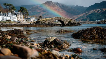 Scenic coastal village with stone bridge and a vibrant rainbow arching over mountainous backdrop. Landscape with natural beauty.
