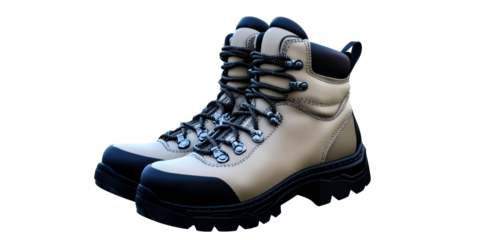 Pair of rugged hiking boots with black laces and soles