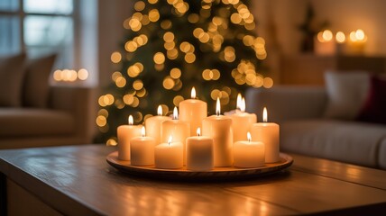 Warm and cozy christmas scene with candles and tree