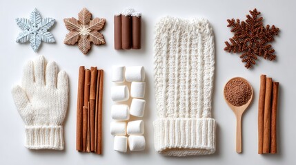 Cozy Winter Composition: A heartwarming arrangement of winter essentials, including gingerbread, mittens, marshmallows and cinnamon sticks, evoking the comforting essence of a cold day.