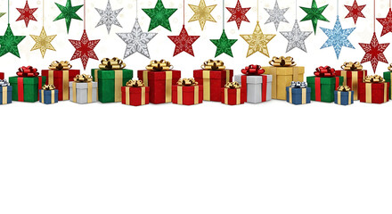 Festive Christmas holiday border with a line of colorful wrapped gift boxes and a garland of hanging sparkling stars for seasonal celebration