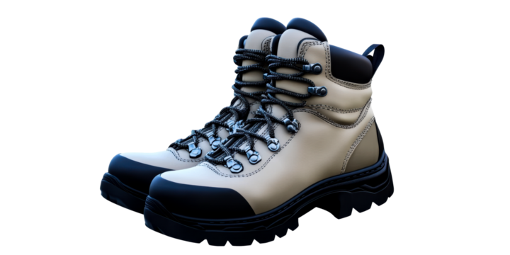 Pair of rugged hiking boots with black laces and soles
