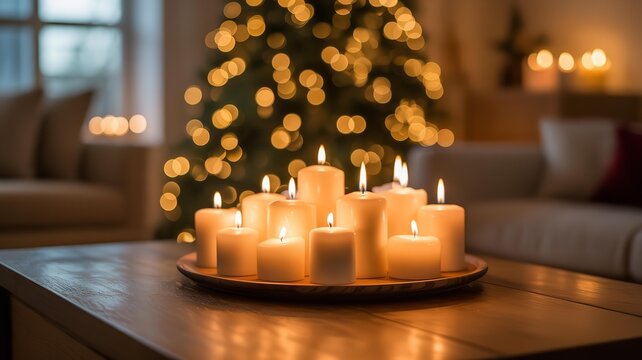 Warm and cozy christmas scene with candles and tree