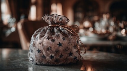 Starry Gift Bag: A delicate mesh bag adorned with stars, tied with gold cord, sits on a marble surface in a warmly lit room.