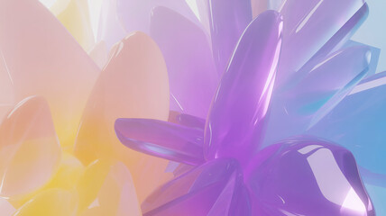 Abstract closeup of iridescent petals in pastel shades of purple, pink, yellow, and blue, with a soft, dreamy focus