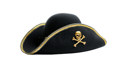 Black pirate hat with gold trim and skull emblem