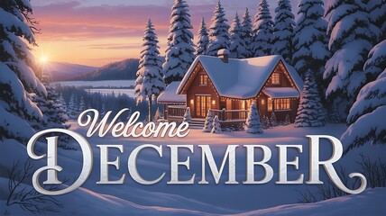 Cozy cabin in snowy forest with welcome december text at sunset