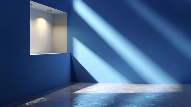 A minimalist blue room with a lit alcove and diagonal beams of light on the wall and reflective floor