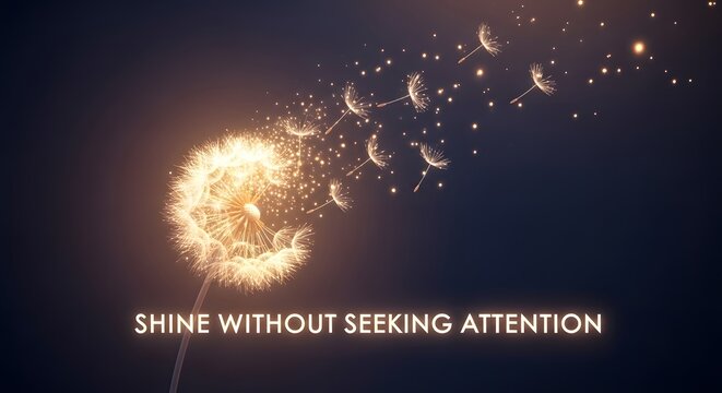 A motivational quote displayed on a dark background with glowing dandelions and sparkles, inspiring viewers to shine without seeking attention