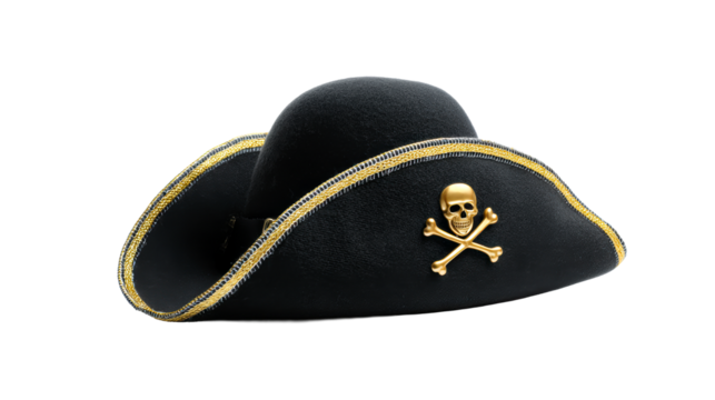 Black pirate hat with gold trim and skull emblem