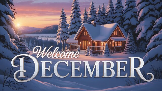 Cozy cabin in snowy forest with welcome december text at sunset
