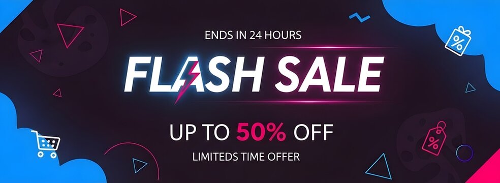 Sale poster, Flash sale banner with blue and orange background and discount text, discount offer up to 50% off