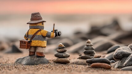 Knit figure taking pictures of balanced stones on a sandy beach. A peaceful coastal scene with a touch of whimsy, capturing nature and creativity.