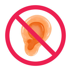 No hearing sign, deafness symbol, no listening sign, forbidden sign with ear icon, red crossed circle symbol, silence vector illustration