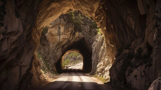 Rock tunnel with road passing through mountainous terrain under daylight, natural stone walls and vegetation outside the tunnel.