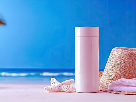 A white sunscreen bottle, a straw hat, and a starfish are arranged on a sandy beach with the ocean and blue sky in the background.