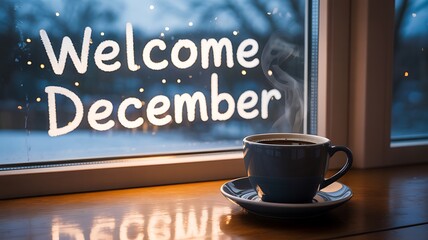 Welcome december text on window with coffee cup and snow outside