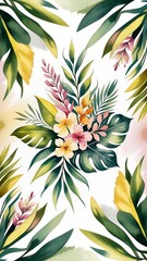 Watercolor of Tropical spring floral green leaves and flowers s isolated on transparent png background, bouquets greeting or wedding card decoration