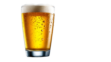 Tall glass of golden lager beer with frothy head