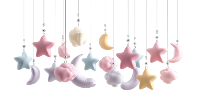 Hanging pastel star and moon shapes with cloud decorations