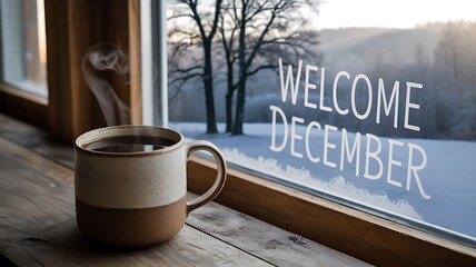 Steaming mug of coffee on a windowsill with welcome december written on window