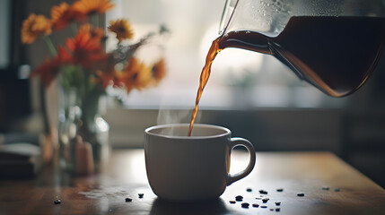 Freshly brewed coffee pouring into a mug, energizing Monday morning ritual, warmth, aroma, and comfort.