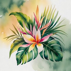 Watercolor of Tropical spring floral green leaves and flowers s isolated on transparent png background, bouquets greeting or wedding card decoration