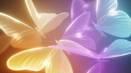 Vibrant glowing butterflies with colorful translucent wings in soft light