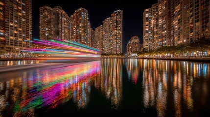 Nighttime river city landscape with colorful light streaks reflected in the water and skyscrapers providing an illuminated backdrop.